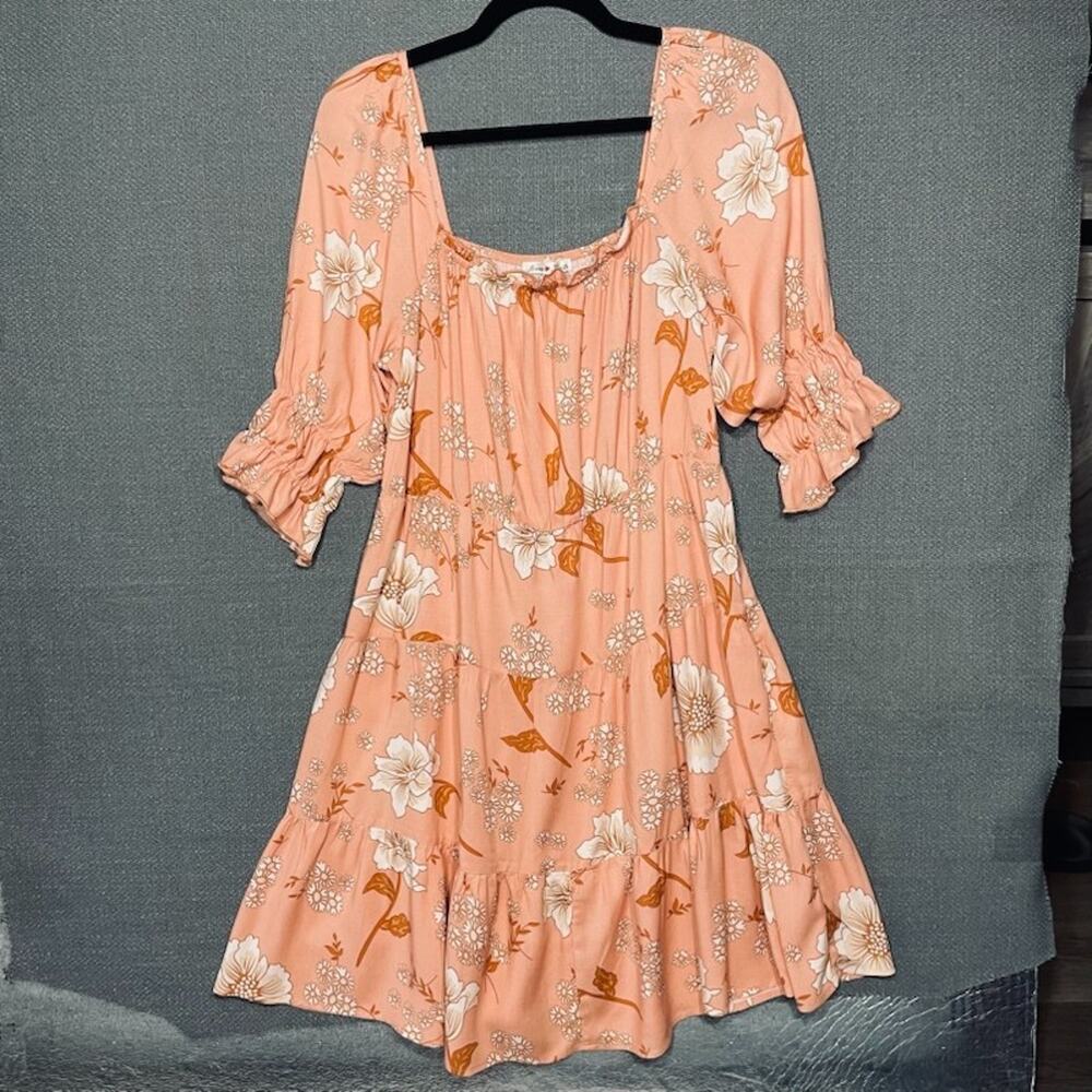 Haven Heart Peach Floral Smocked Puff Sleeve Mini Dress Size L Flirty Flower Gal